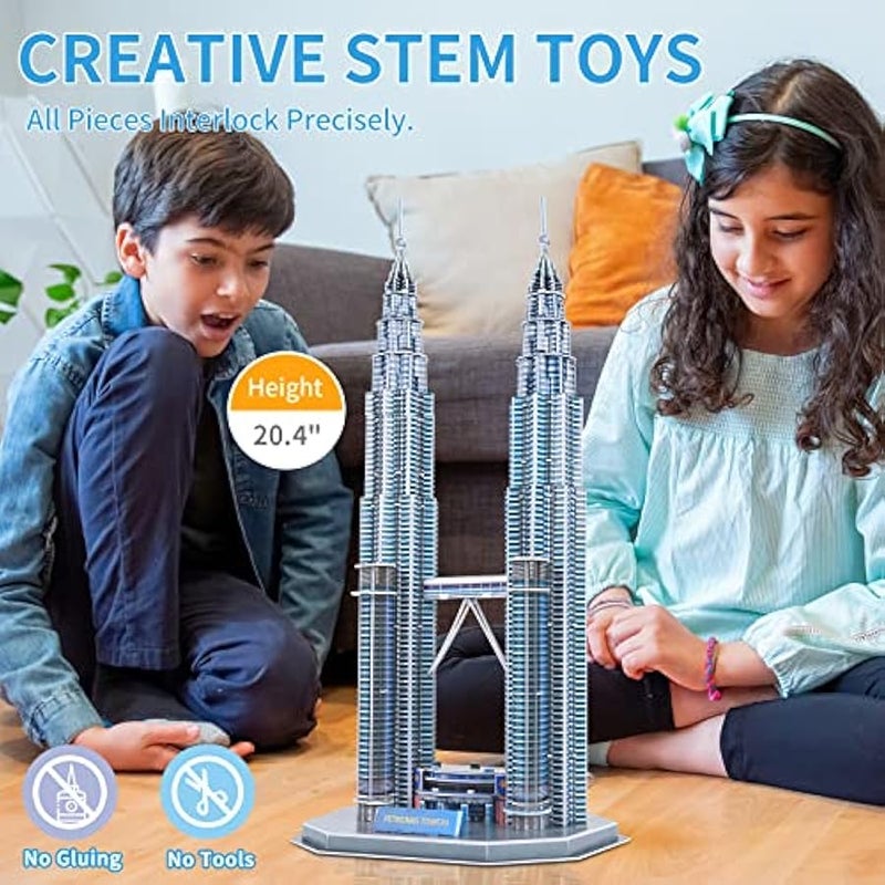 مجموعة احجية جيغسو ثلاثية الابعاد يمكنك تركيبها بنفسك، لنموذج بناء برجي بتروناس في المدينة، العاب تعليمية ستيم هدية عيد ميلاد للمراهقين والاولاد والبنات من 6 سنوات فما فوق والبالغين، 130 قطعة - Image 4